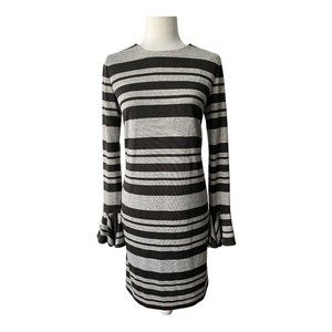 W by Worth New York Gray Striped Knit Dress Long Trumpet Sleeves Fully Lined 10